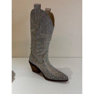 Muccute Silver Rhinestone Mid Calf Cowboy Boots (Womens 5)